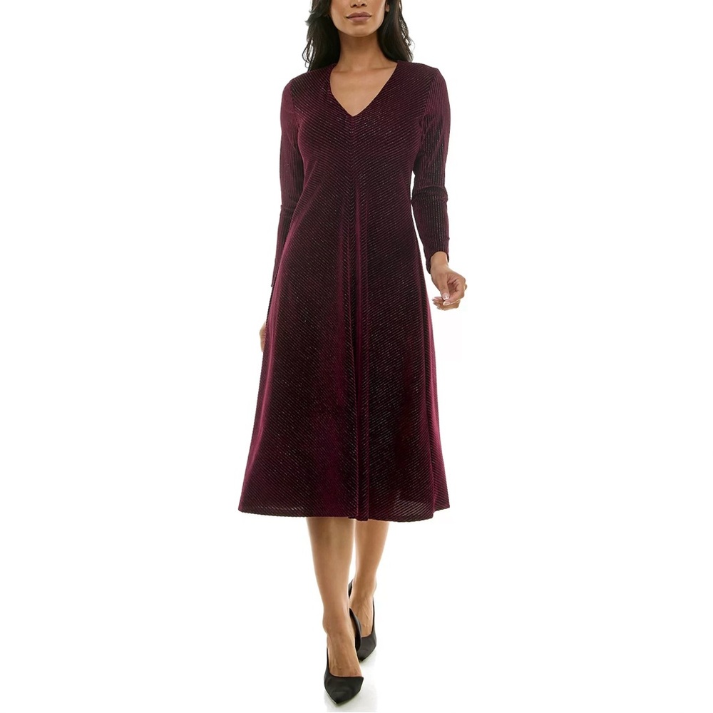 NWT Maison Tara Long Sleeve V-Neck A-Line Midi Dress Burgundy/Silver Size 8